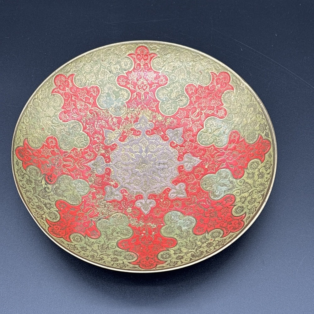 Vintage Indian Enameled Brass Bowl Red & Gold Hand Etched Mandala Dish 7"